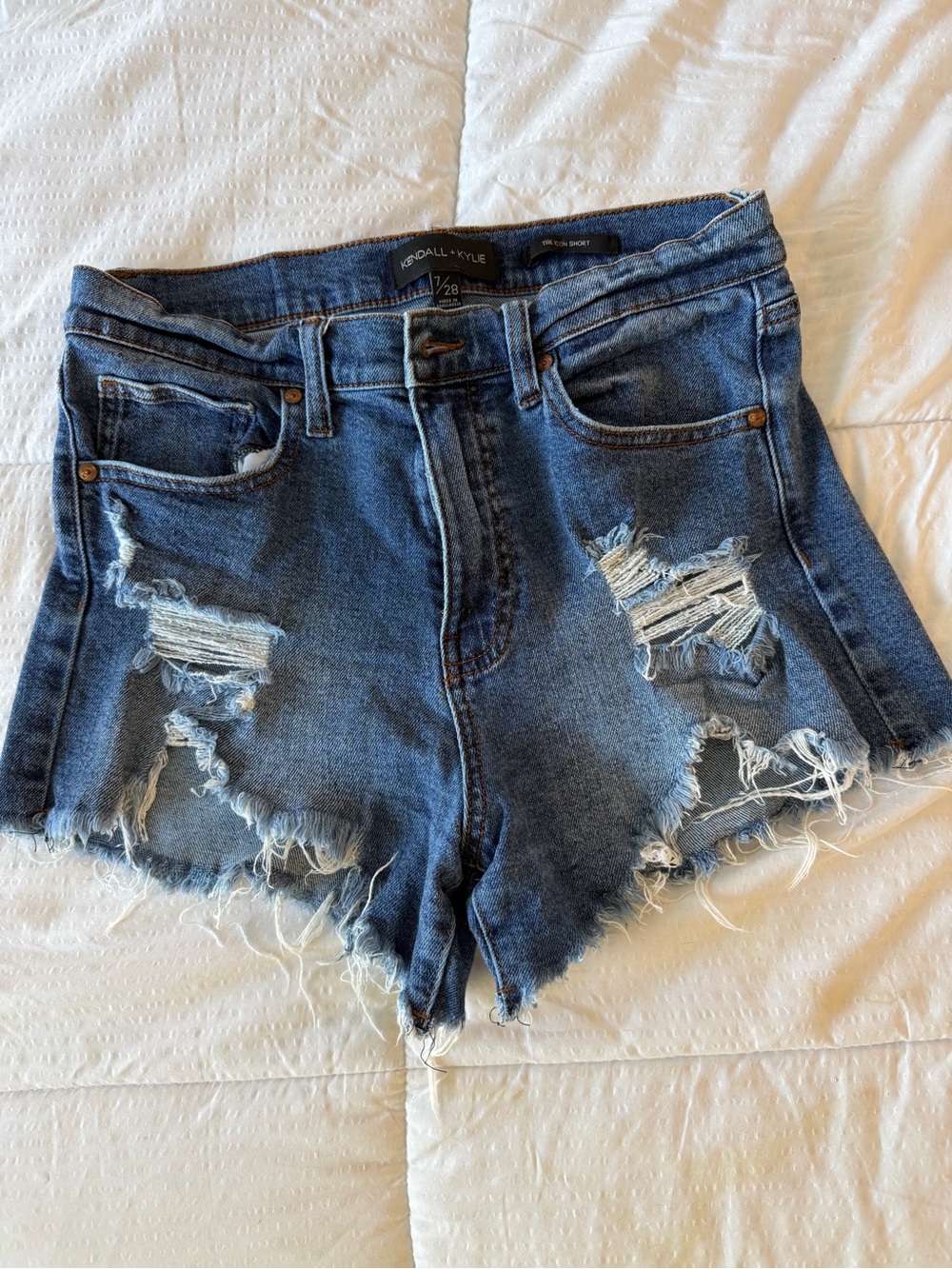 Kendall & Kylie Dark Blue Distressed High-Rise Denim Shorts